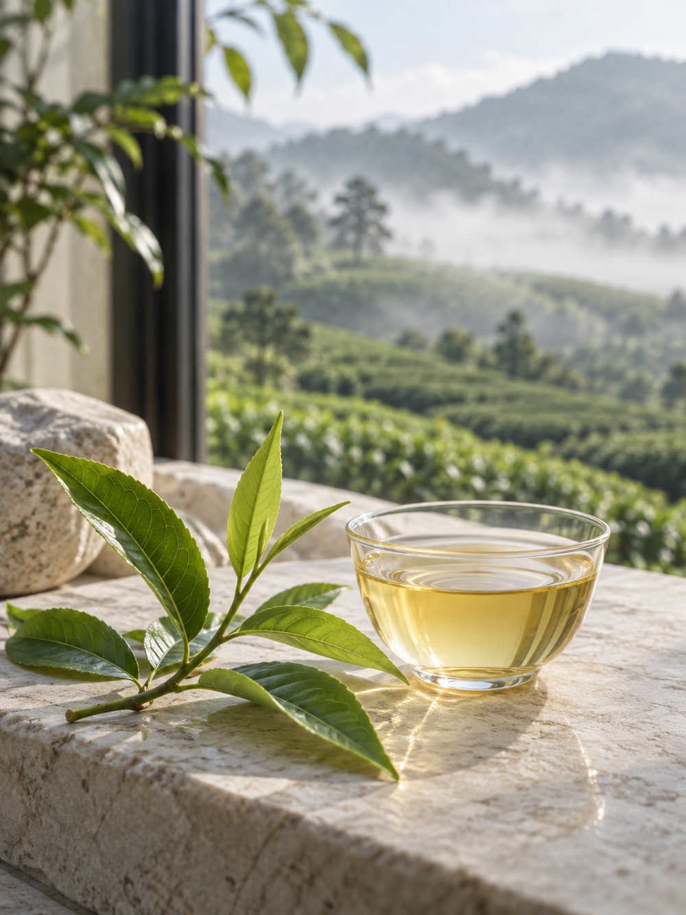 Fresh tea leaves and pale golden tea overlooking a serene misty green landscape