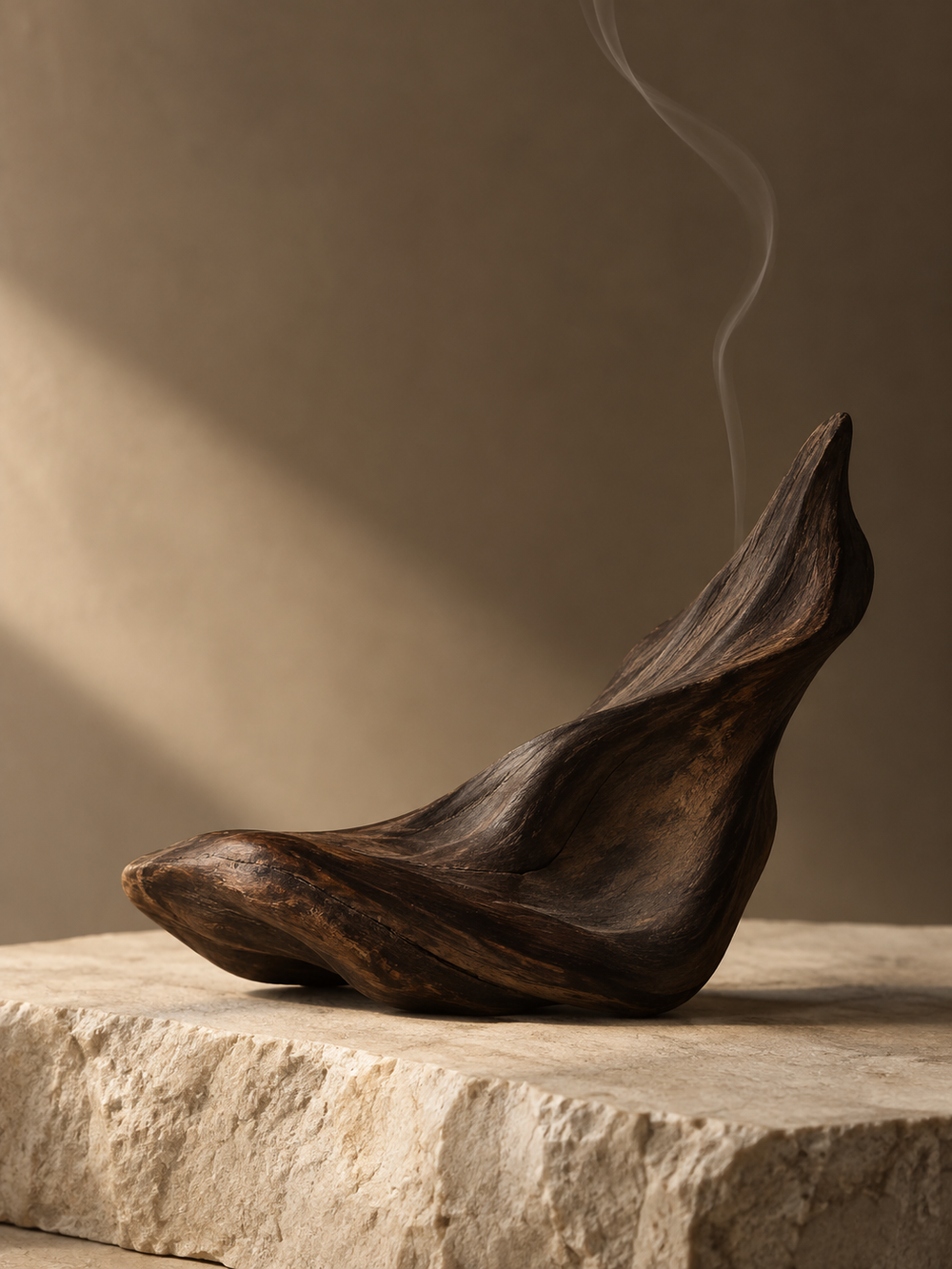 Sculptural dark wood and a delicate wisp of smoke on warm stone