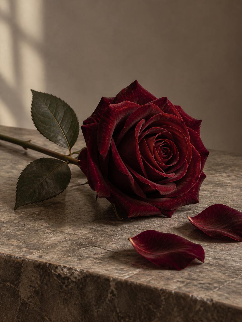 A deep burgundy-red rose with velvet petals on warm taupe stone