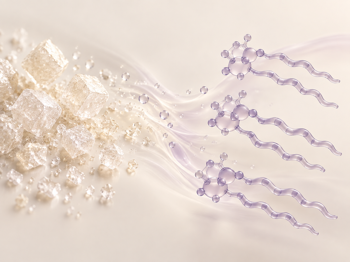 Conceptual illustration of plant sugars and stylized rhamnolipid molecules